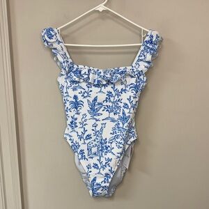 NWT Lilly Pulitzer: Women's Aemma Ruffle Swimsuit, Blue/White, Giraffe, Size 6